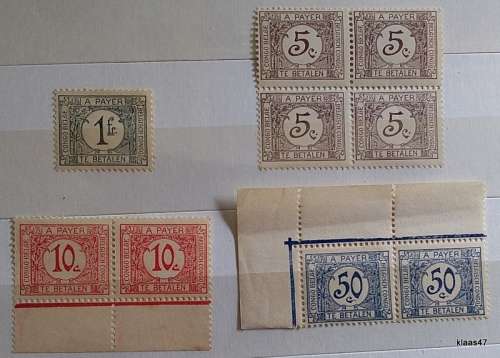 Belgian Congo - 1923 - Postage Due - 5c Block of 4, 10c + 50c Pairs, 1Fr Single - All unused Hinged