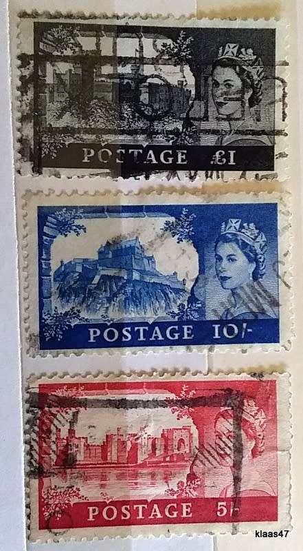 GB - Castles - High Values -  5/- 10/- GBP1 - 3 Used Hinged stamps