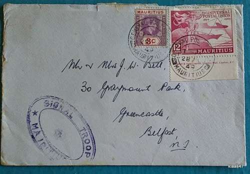 Envelope posted 1949 from Mauritius to Belfast Northern Ireland - Signal Troop Cachet