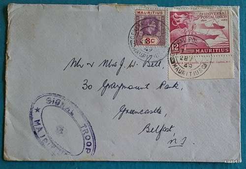 Envelope posted 1949 from Mauritius to Belfast Northern Ireland - Signal Troop Cachet