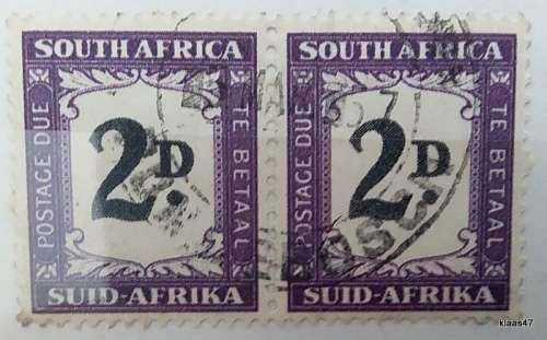 Union of South Africa - 1950-59 - 2D Postage Due (Pair) Used Hinged stamps