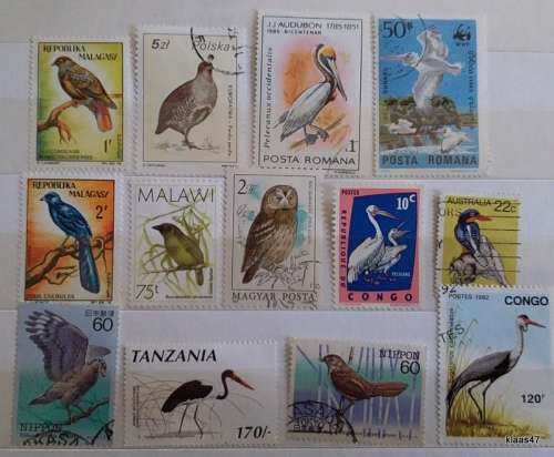 World Mix - Mixed Lot of 13 Used (some hinged) stamps - Theme:  Birds