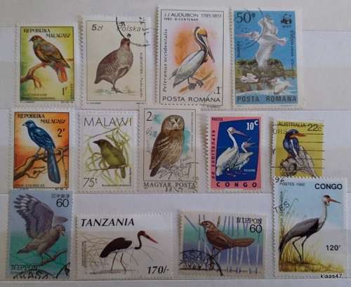 World Mix - Mixed Lot of 13 Used (some hinged) stamps - Theme:  Birds