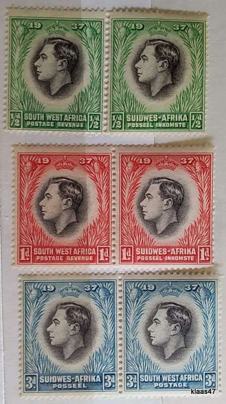 South West Africa - 1937 - Coronation George VI - 3 Pairs Unused Hinged stamps