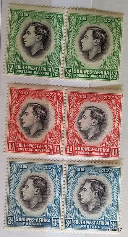 South West Africa - 1937 - Coronation George VI - 3 Pairs Unused Hinged stamps