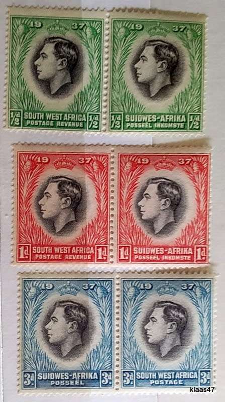 South West Africa - 1937 - Coronation George VI - 3 Pairs Unused Hinged stamps