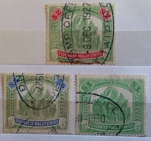 Fed Malay States - 1904-22 - $1 $2  $5 - Elephant - Fiscal - 3 Used Hinged stamps