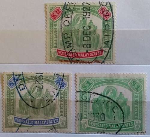 Fed Malay States - 1904-22 - $1 $2  $5 - Elephant - Fiscal - 3 Used Hinged stamps