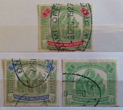 Fed Malay States - 1904-22 - $1 $2  $5 - Elephant - Fiscal - 3 Used Hinged stamps