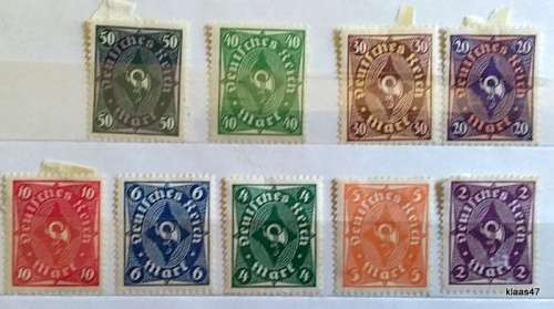 German Reich - 1921/2 - Post Horn - 9 Unused Hinged stamps
