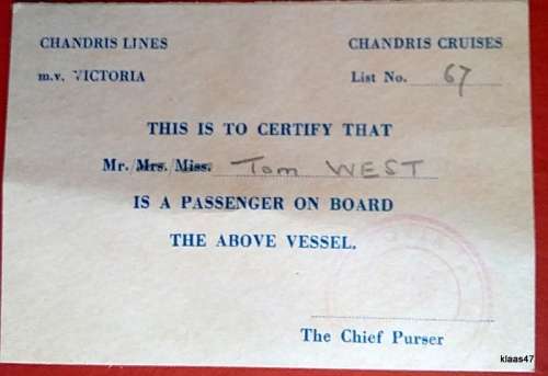 Chandris Lines - m.v. Victoria - Passenger Certification with Chief Purser stamp