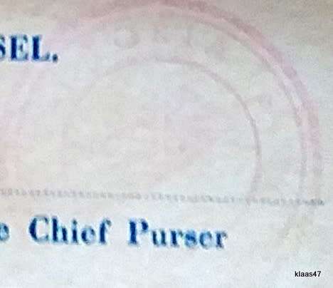 Chandris Lines - m.v. Victoria - Passenger Certification with Chief Purser stamp