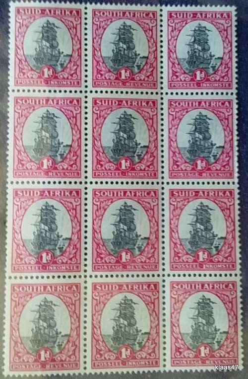 Union of South Africa - 1d Ships - Hyphenated - Block of 12 Unused stamps
