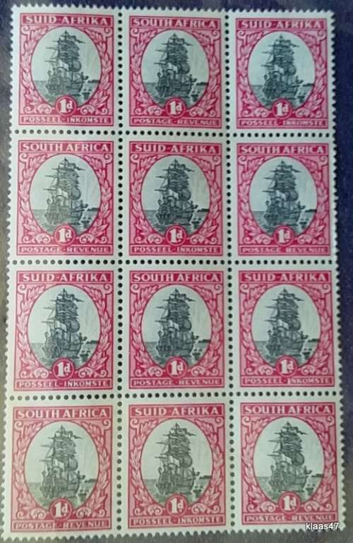 Union of South Africa - 1d Ships - Hyphenated - Block of 12 Unused stamps