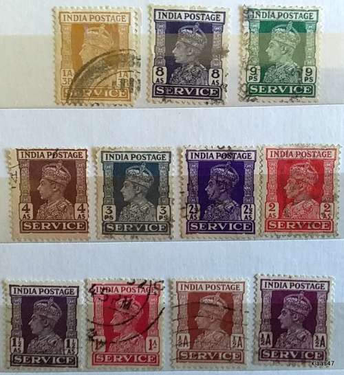 india - 1939 - King George VI - Service - 11 Used (some Hinged) stamps