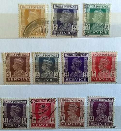 india - 1939 - King George VI - Service - 11 Used (some Hinged) stamps