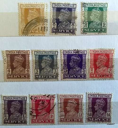 india - 1939 - King George VI - Service - 11 Used (some Hinged) stamps