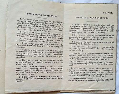 Union of South Africa - Department of Defence - 3-6-41 - Letter of Authority (Allotment/Allowance)