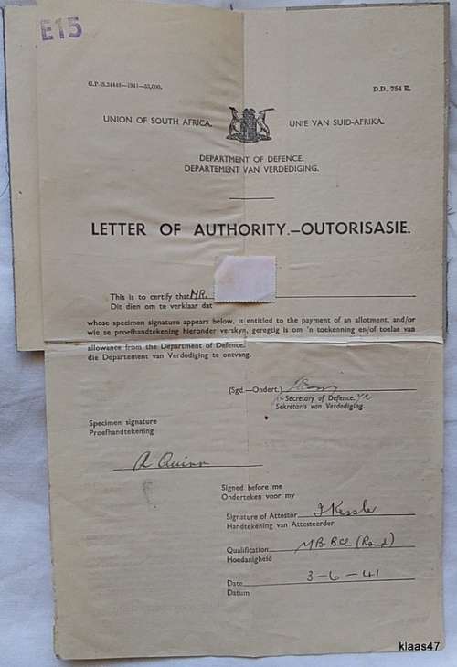 Union of South Africa - Department of Defence - 3-6-41 - Letter of Authority (Allotment/Allowance)