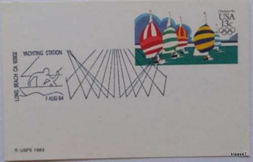 U.S.A. - USPS Printed Date stamp card 13 cent - 7 Aug 84 - Long Beach Yachting Station