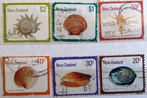 New Zealand - 1978 - Seashell Definitive - 6 Used Hinged stamps (1 on paper)