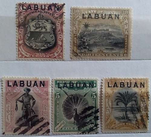 North Borneo - 1894 - Overprinted `Labuan` (1897) - 5 Cancelled Hinged stamps