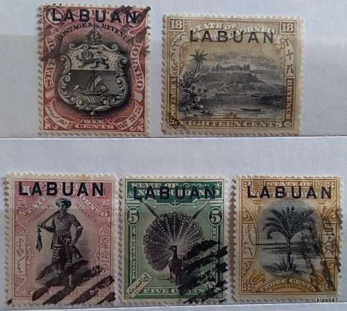 North Borneo - 1894 - Overprinted `Labuan` (1897) - 5 Cancelled Hinged stamps