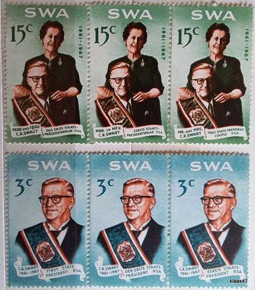 SWA - 1968 - President Swart Commemoration - 3c and 15c Unused Strips of 3