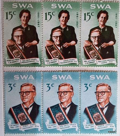 SWA - 1968 - President Swart Commemoration - 3c and 15c Unused Strips of 3