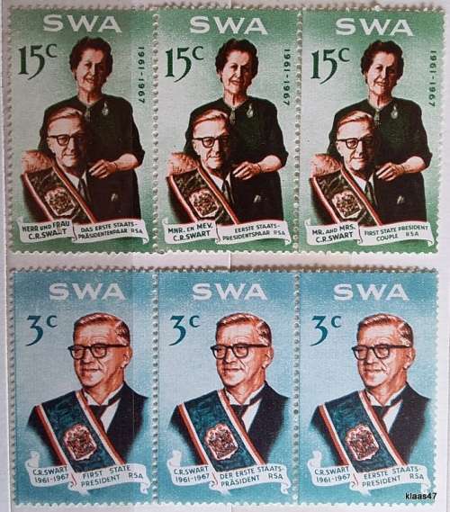 SWA - 1968 - President Swart Commemoration - 3c and 15c Unused Strips of 3