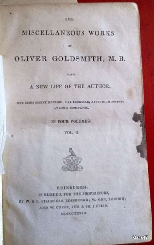 The Miscellaneous Works of Oliver Goldsmith - Vol 2 - Hardcover - MDCCCXXXIII (1833)