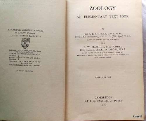 Zoology - A.E. Shipley and E.W. MacBride - An Elementary Text-Book - Hardcover - 1920
