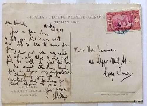 Ship Post Card - Duilio - Giulio Cesare - Dated At Sea 12/12/34 - Posted Senegal to Cape Town