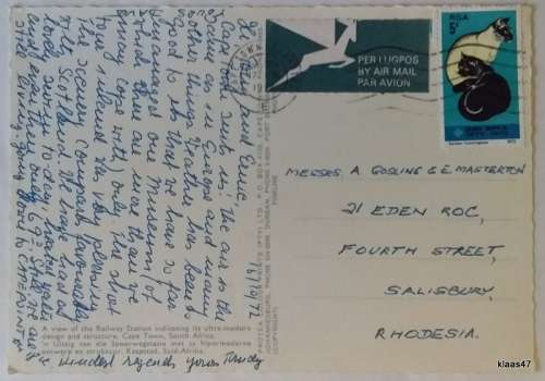 Post Card - 1970`s - Cape Town Railway Station - Date stamp 17 X 72