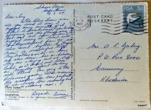 Post Card - 1970`s - Cape Town Kirstenbosch Gardens - Postmark 9 III 77