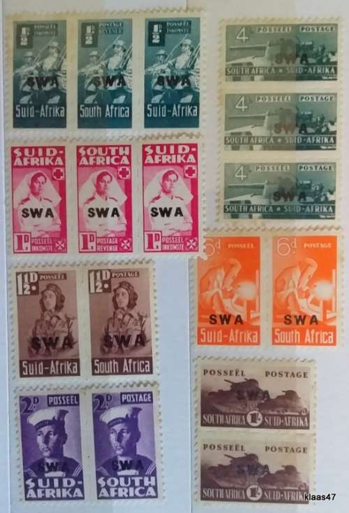 SWA O/print- 1943-44 - War Effort - Reduced Sizes (Bantam) - 7 Pairs - Unused Hinged stamps