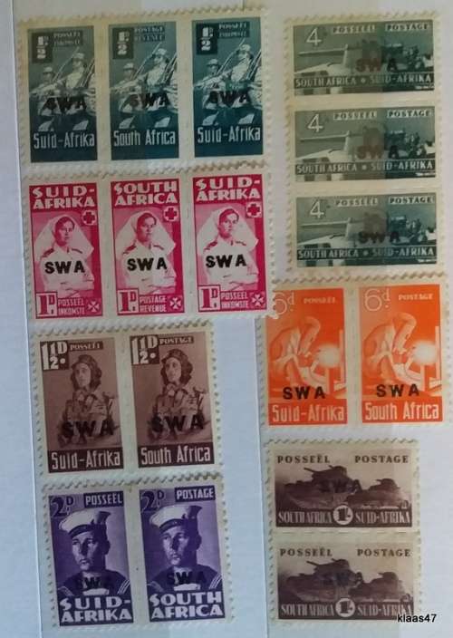 SWA O/print- 1943-44 - War Effort - Reduced Sizes (Bantam) - 7 Pairs - Unused Hinged stamps
