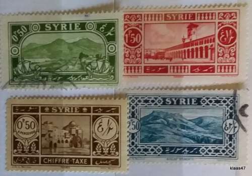 Syria - 1925 - Pictorials - 3 Used Hinged stamps and 1 Unused Postal Tax stamp