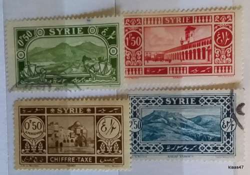 Syria - 1925 - Pictorials - 3 Used Hinged stamps and 1 Unused Postal Tax stamp