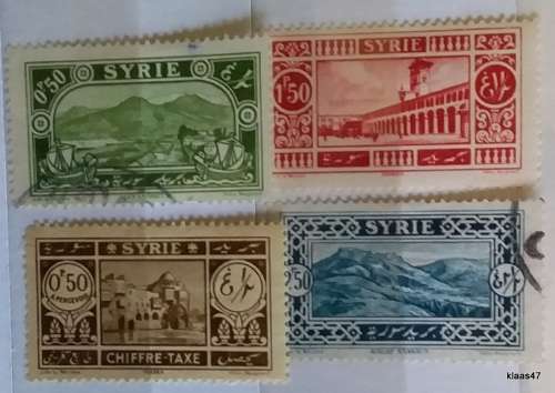 Syria - 1925 - Pictorials - 3 Used Hinged stamps and 1 Unused Postal Tax stamp