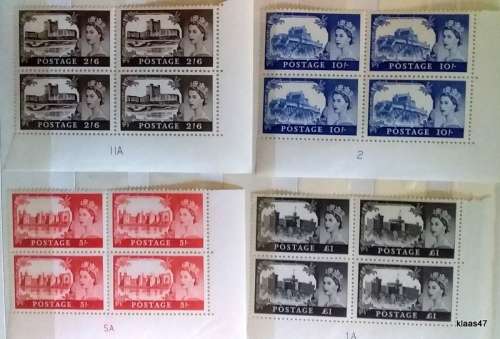 GB - 1955/68 - Castle High Values - Elizabeth II -  Set of 4 Blocks of 4 Mint stamps (No W/mark)