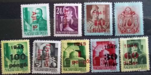 Hungary - 1945 - Overprints -  9 Unused Hinged stamps