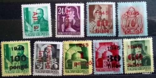 Hungary - 1945 - Overprints -  9 Unused Hinged stamps