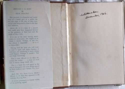 Miracle in the Rain - Ben Hecht - Hardcover 1946 (Dustcover damaged)