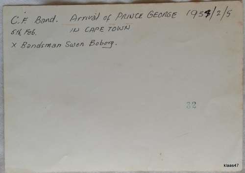Vintage Photo - No. 32 - Hand dated 1934 - C.F Band - Arrival Prince George in Cape Town 15.5x11.2cm