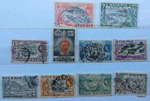 Nigeria - 1953 - Elizabeth II Pictorials -  10 Used Hinged stamps (5/- Included)