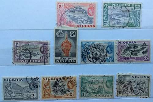 Nigeria - 1953 - Elizabeth II Pictorials -  10 Used Hinged stamps (5/- Included)