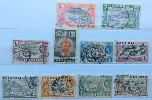Nigeria - 1953 - Elizabeth II Pictorials -  10 Used Hinged stamps (5/- Included)