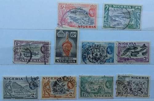 Nigeria - 1953 - Elizabeth II Pictorials -  10 Used Hinged stamps (5/- Included)