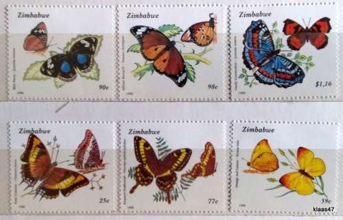 Zimbabwe - 1992 - Butterflies - Set of  6 Unused Hinged stamps